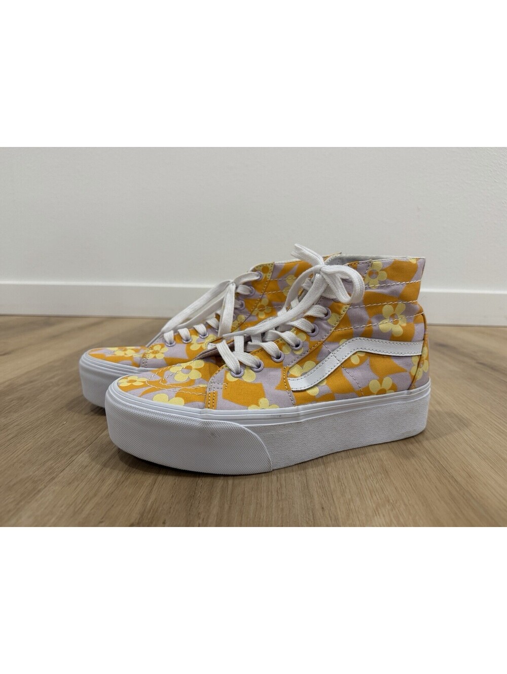 Vans Yellow and White Floral High-Top Sneakers SK8 Hi Platform Size 9.5 Womens
